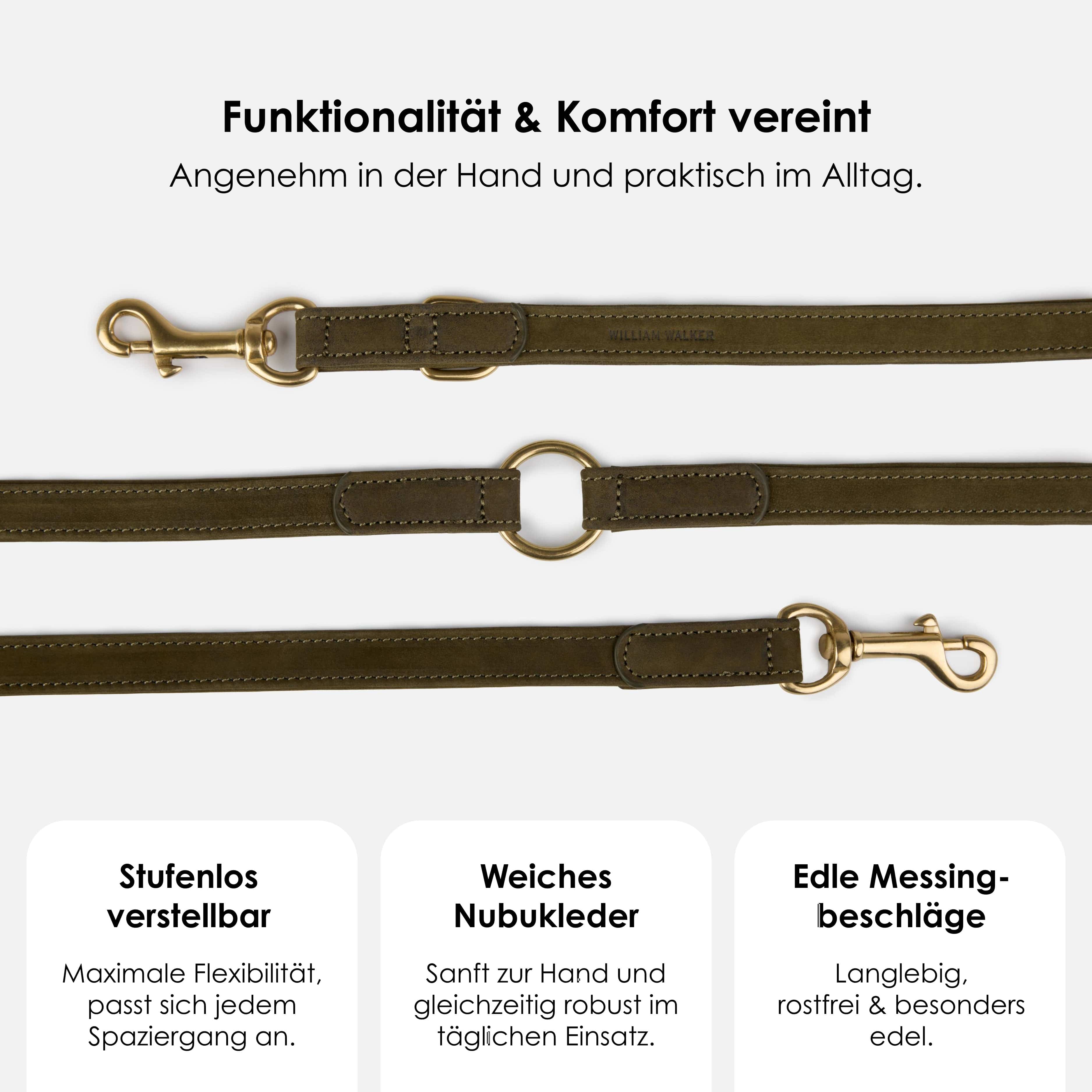 William Walker Hundeleine aus wasserfestem Nubukleder stufenlos verstellbar Handsfree